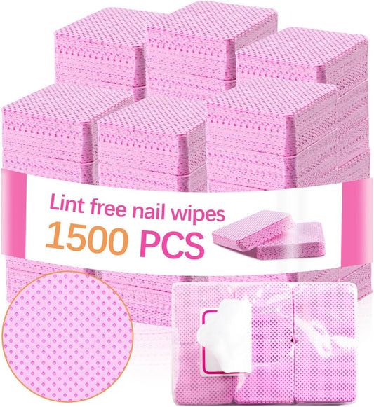 1500Pcs Lint Free Nail Wipes, Pink No Lint Nail Wipes for Gel Nails Lint Free Polish Remover Wipe Eyelash Extensions Glue Nails Cleaning Pads Supplies