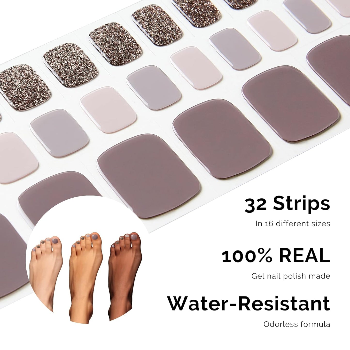 NAILOG Semi Cured Gel Nail Strips, Toe Nail Polish Strips with Glossy Gel Finishing | Buy 3 Get 1 UV Lamp| 32 Pieces Long Lasting Pedi Stickers | Purple & Gray