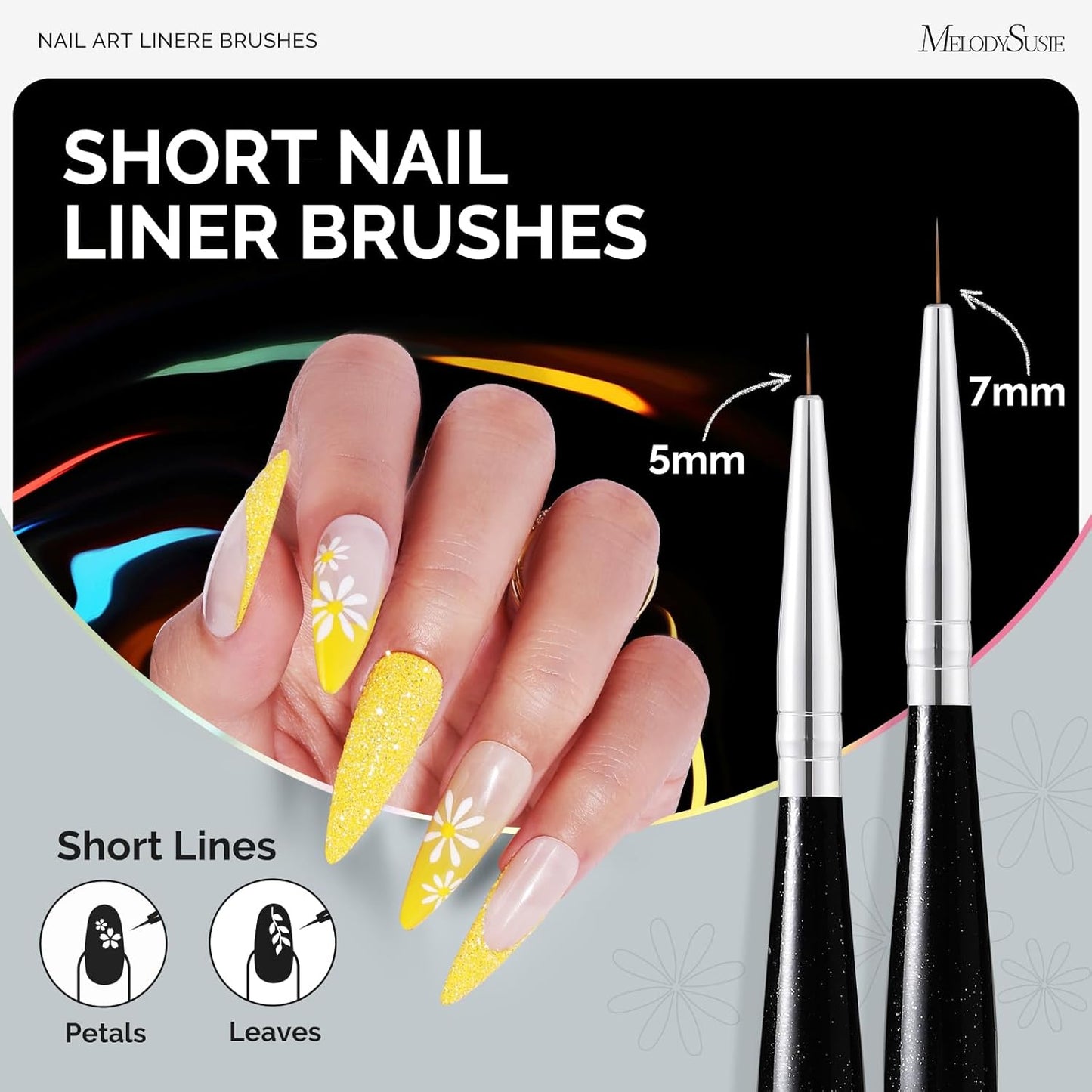 MelodySusie Nail Art Liner Brushes 5Pcs Professional Gel Polish Painting Art Design Pen Set for Thin Long Lines, Tiny Details, Fine Drawing, Delicate Coloring Sizes 5/7/9/11/20mm