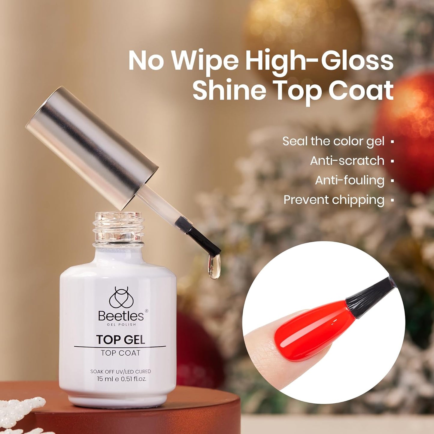 Beetles Christmas Limited Gel Top Set, 2Pcs 15ml Top Coat Gel Nail Polish, No Wipe Long Lasting Shining Glossy Top Coat Nail Manicure Soak off U V Lamp Needed Christmas Nail Gifts for Women