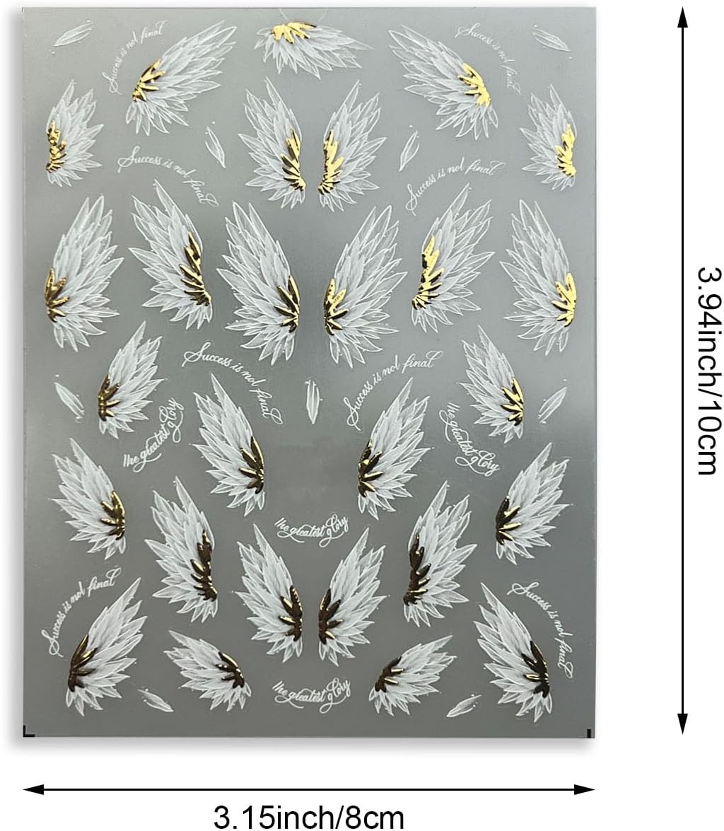2PCS Angel Wings Nail Art Stickers, White and Gold, 5D Embossed Self-Adhesive Holographic Metal Manicure Decorations for Women