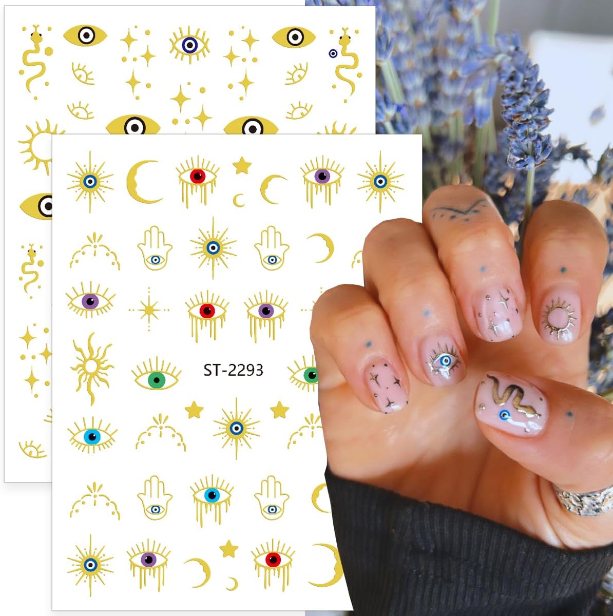 Evil Eye Nail Art Stickers 6Sheets Gothic Snake Star Sun Nail Stickers Gold Silver Blue Eye Nails Design 3D Self Adhesive Nail Art Supplies Halloween Nails Decals for Women DIY Manicure Decoration