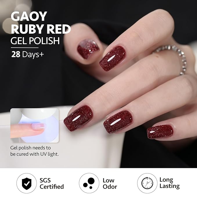 GAOY Red Gel Nail Polish Set, 6 Colors Burgundy Cherry Dark Red Jelly Glitter Soak Off UV Light Cure Gel Polish Kit for Salon and Nail Art DIY at Home