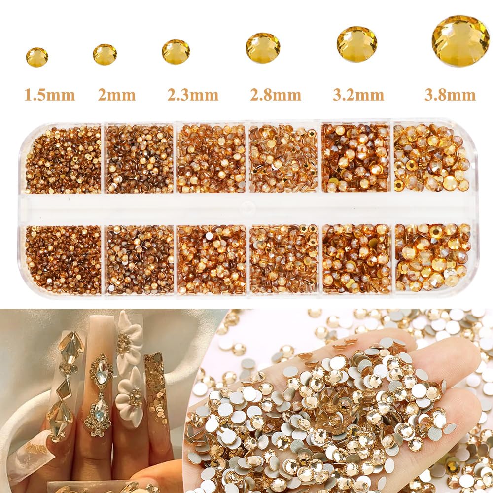 3600Pcs Champagne Gold Nail Rhinestones, MultiShapes Flatback Crystal Gems Stones, 1.5-4mm Half-Round Bedazzling Beads, Glass Diamond Jewels for DIY Nails Bling Decoration