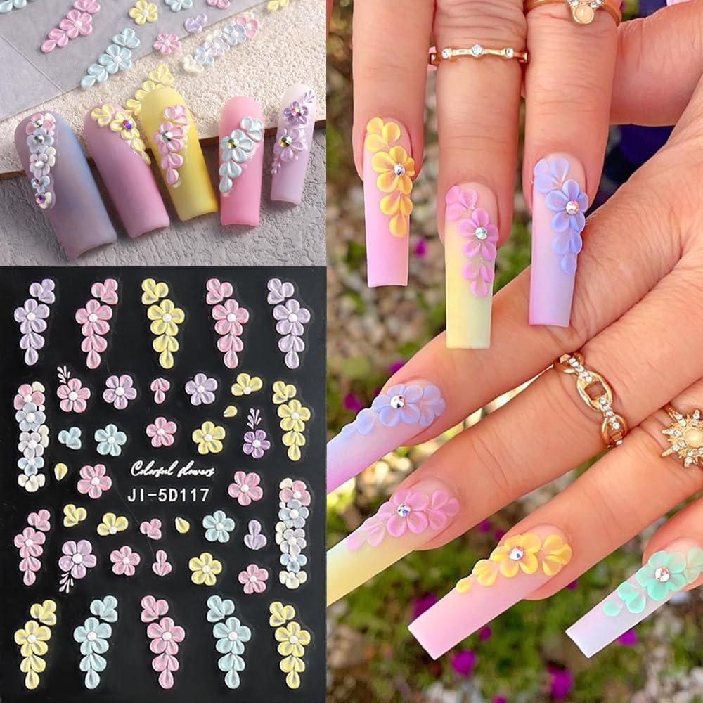 Flower Nail Art Stickers Decals 5 Sheets Pink White Colorful Summer Floral Leaf Blossom 5D Embossed Nail Decals Self-Adhesive Nails Supply Manicure Sliders for Women Girls DIY Nail Art Decorations