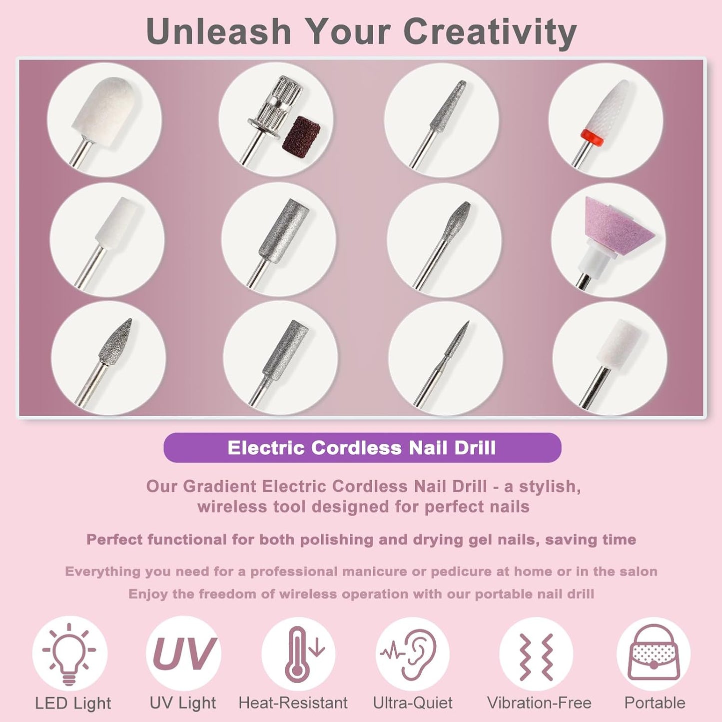 Electric Cordless Nail Drill with UV & LED Lights - 12+ Bits Kit for Gel/Acrylic/Dip Nails, Rechargeable Portable Nail File, 5 Speeds, Salon & Home Use (Gradient)