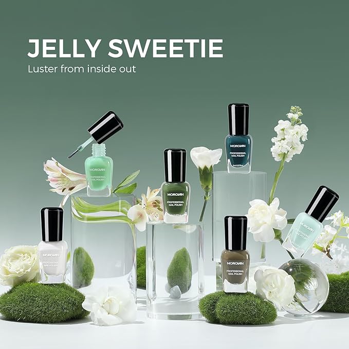 Jelly Green Nail Polish Set: Sheer Glass Fingernail Polish Kit Quick Air Dry 6 Colors Nail Polish Pack Milky White Regular Mini Finger Toe DIY Art Salon Gift for Women