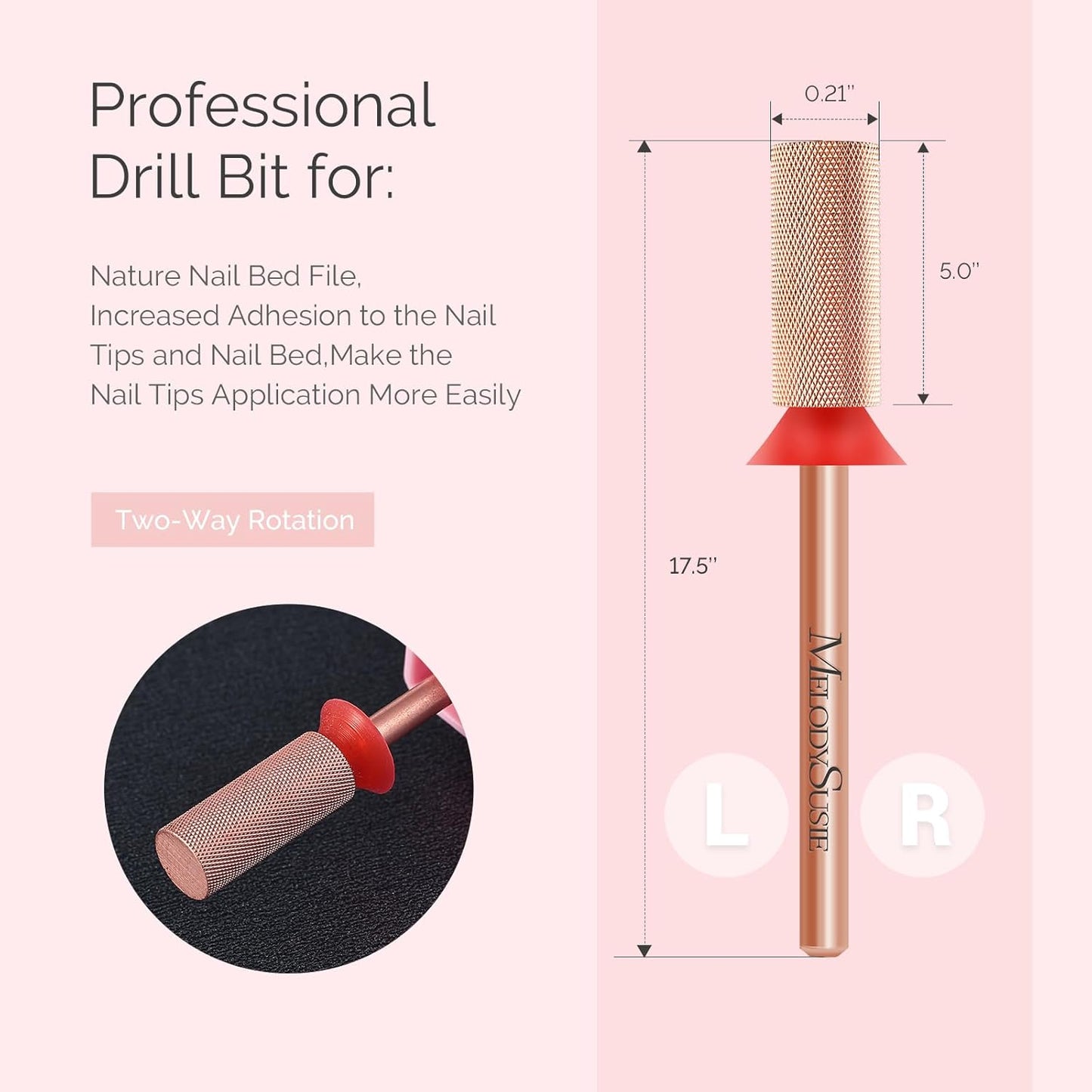 MelodySusie Large Barrel Nail Buffer Bit, Professional Safety Carbide Nail Bit for Nature Nail Bed File Cuticle Dead Skin Cleaning Nail Prepare, Two Way Rotate, Manicure Nail Salon Supply, Rose Gold