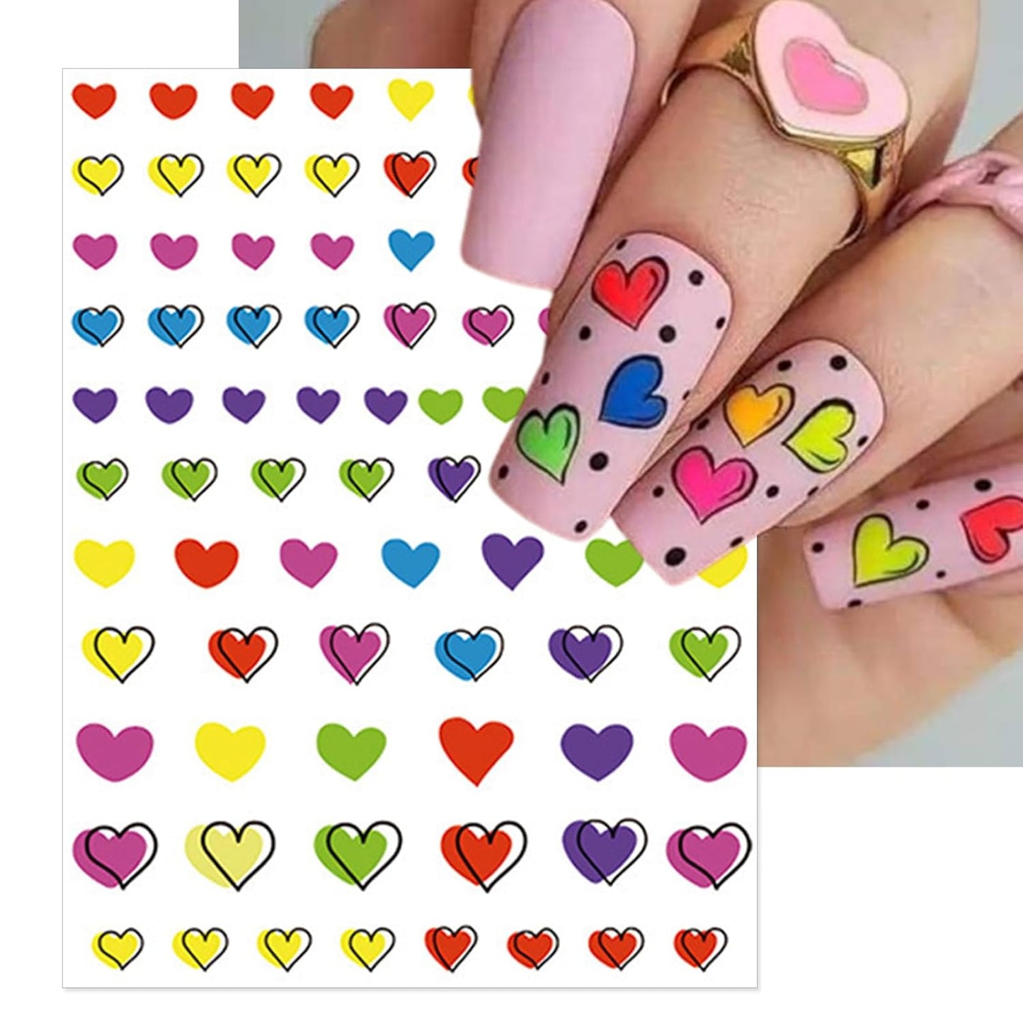 Valentine's Day Nail Art Stickers - Cute Colorful Heart Nail Decals, Self-Adhesive Rainbow Pride Love for DIY 3D Nail Supplies Decoration (4 Sheets)