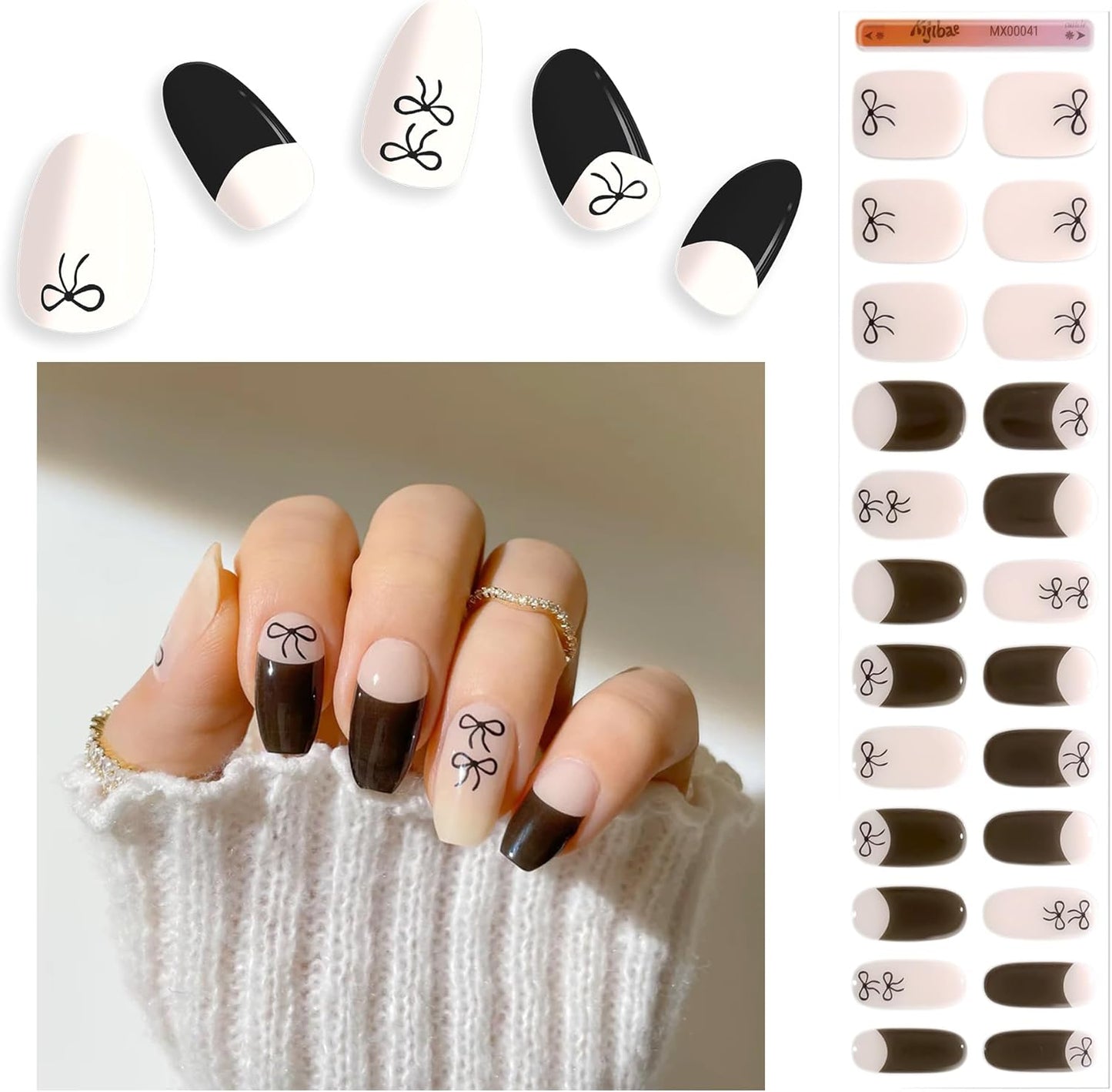 Semi Cured Gel Nail Strips - Trendy Nail Polish Wraps Works with Any UV Lamp - Long Lasting Easy Salon Manicure - 24pcs with 2 Prep Pads, Nail File & Cuticle Stick (Knot Yours)