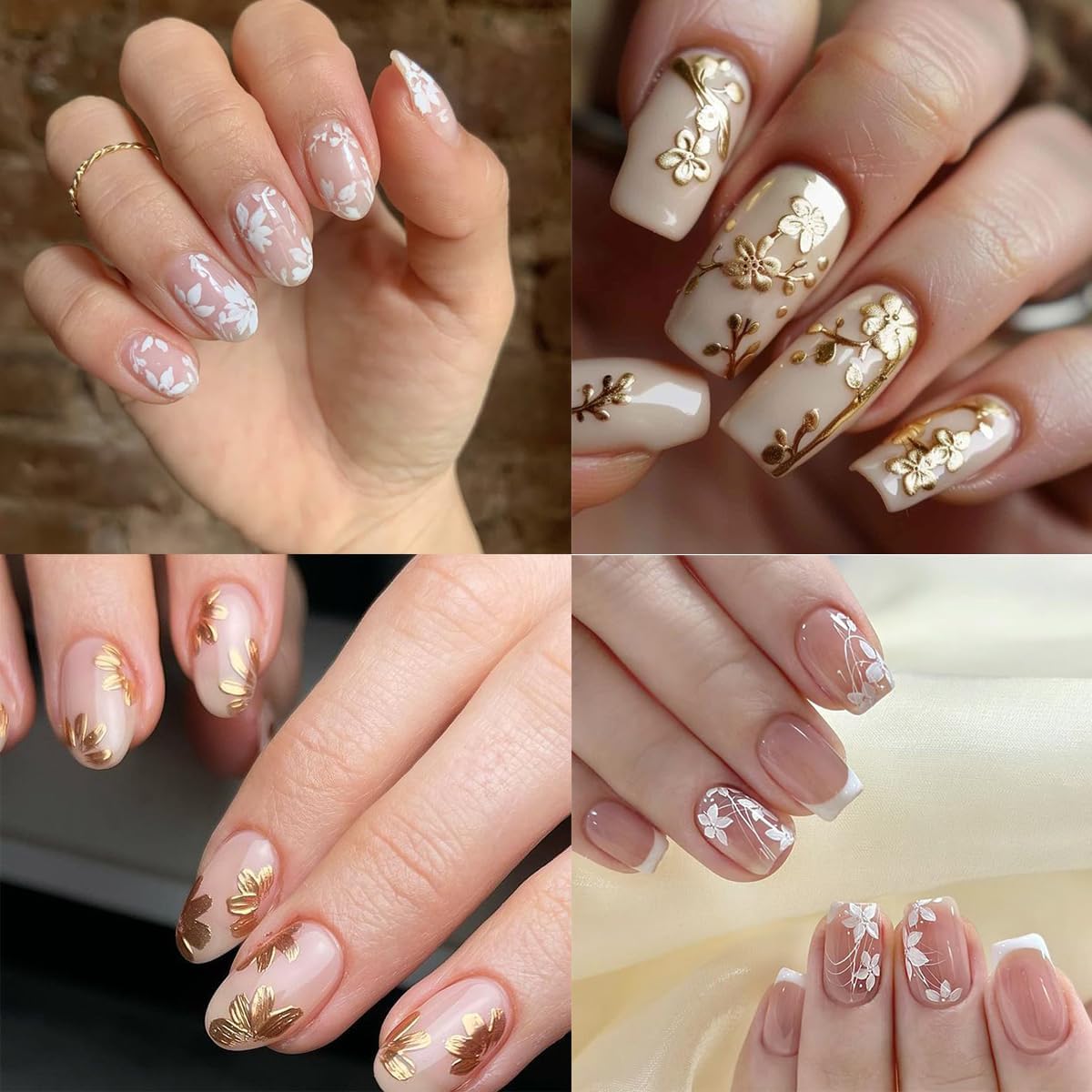 6 Sheets Flower Nail Stickers 3D Metallic Flower Leaf Nails Decals White Silver Gold Floral Nail Art Stickers Self Adhesive Hibiscus Flowers Nail Art Design Sticker for Women DIY Nail Accessories