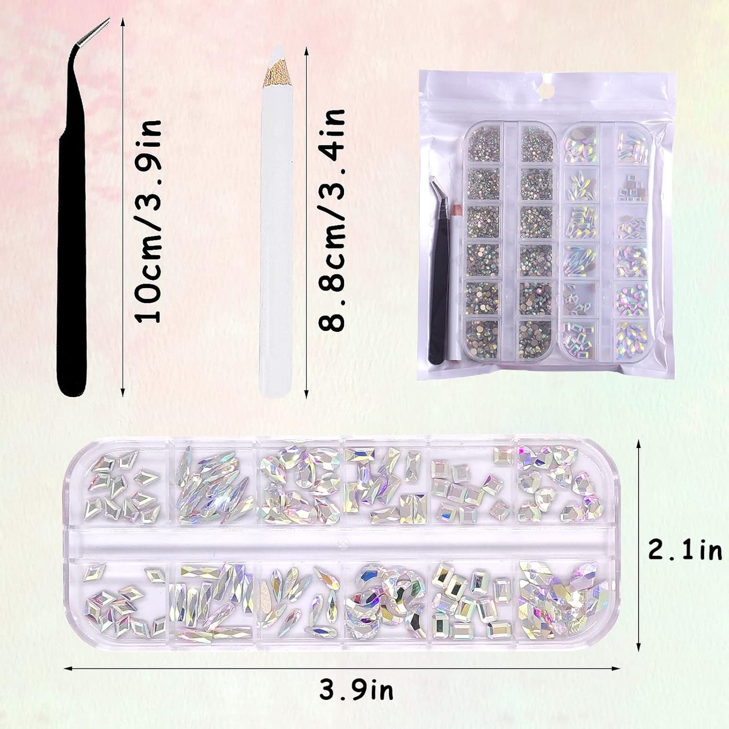 13 oz 3120pcs Crystal AB Nail Gems & Beads - HOINCO Rhinestones for DIY Nail Art with Tweezers & Pen