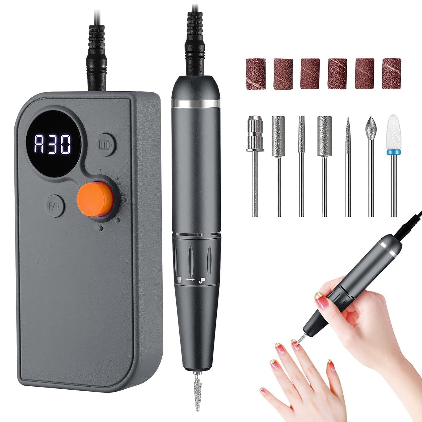 Professional Portable Nail Drill, 30000RPM Rechargeable Electric Nail File Machine for Acrylic Nails Gel Polishing Removing,Cordless E File Nail Drill Machine with Bits for Manicure Salon Home, Gray