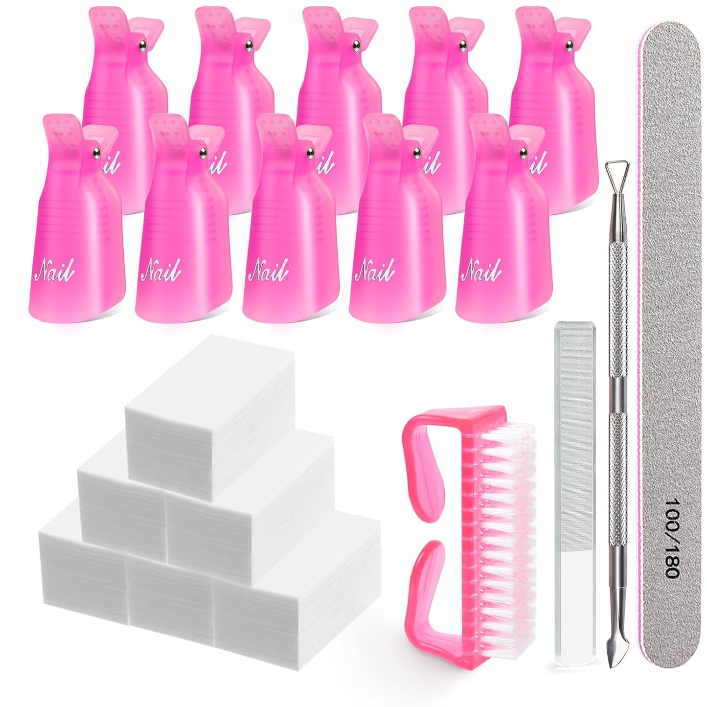 MORGLES Nail Polish Remover Clips, Gel Polish Remover Kit with 10 Pcs Nail Clips, 300 Pcs Cotton Pads, 100/180 File, Glass Shiner, Cuticle Pusher and Brush-Pink