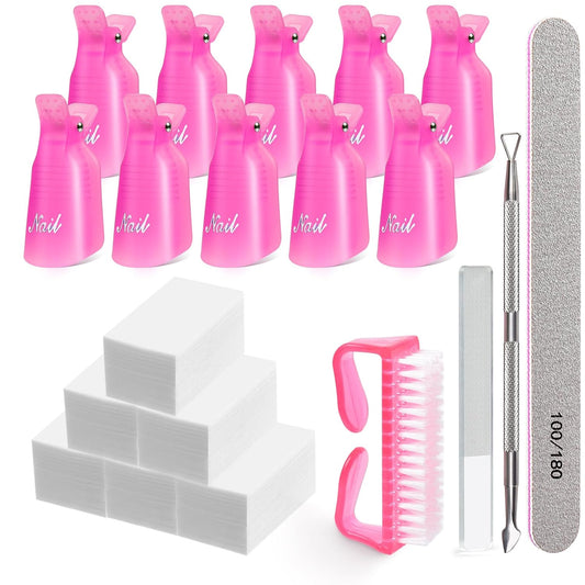 MORGLES Nail Polish Remover Clips, Gel Polish Remover Kit with 10 Pcs Nail Clips, 300 Pcs Cotton Pads, 100/180 File, Glass Shiner, Cuticle Pusher and Brush-Pink