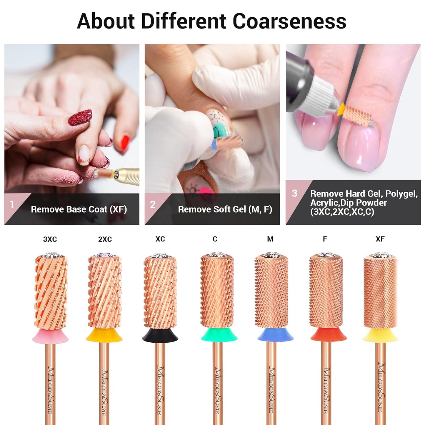 MelodySusie Crystal Top Nail Drill Bits, 3/32'' Large Barrel Carbide Bits, Suitable for Manicure Pedicure Cuticle Gel Polishing, Beginners Bits, Rose Gold, Series Bit-S, Fine