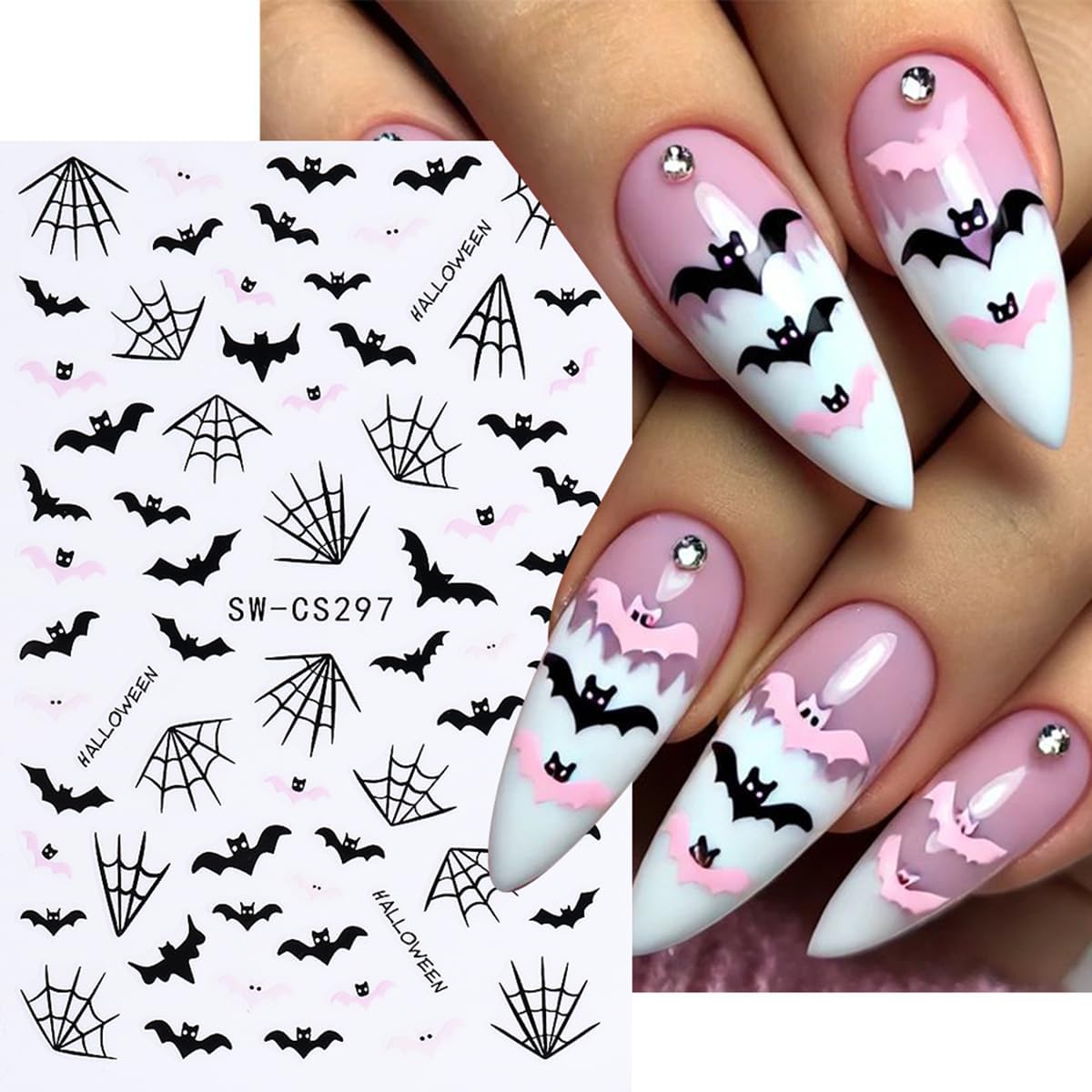 Halloween Nail Art Stickers Decals Skull Bat 3D Self-Adhesive Nail Decals Nail Art Supplies 6PCS Spider Web Butterfly Pumpkin Halloween Nails Design Manicure Sliders for Women DIY Nail Decorations