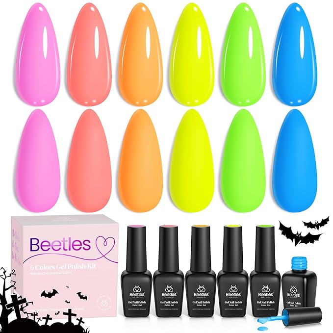 Beetles Halloween Gel Nail Polish Set, Bright Rainbow Collection 6 Colors Hot Pink Blue Yellow Green Soak Off UV LED Neon Gel Nail Polish Kit Gift for Women