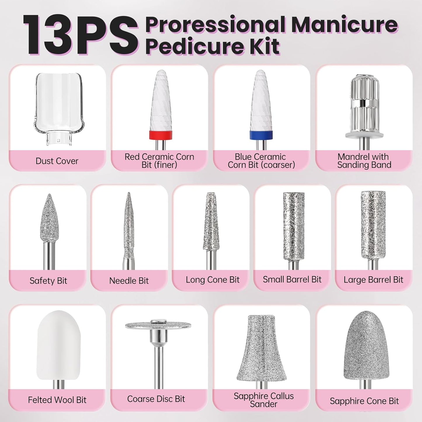 Electric Nail Drill, Cordless 2000 mAh Rechargeable Portable Nail File 12 in 1 Kit for Thick Toenails, 10 Speeds Nail Dril Machine Professional Manicure Pedicure for Hand Natural Nails Care (Pink)