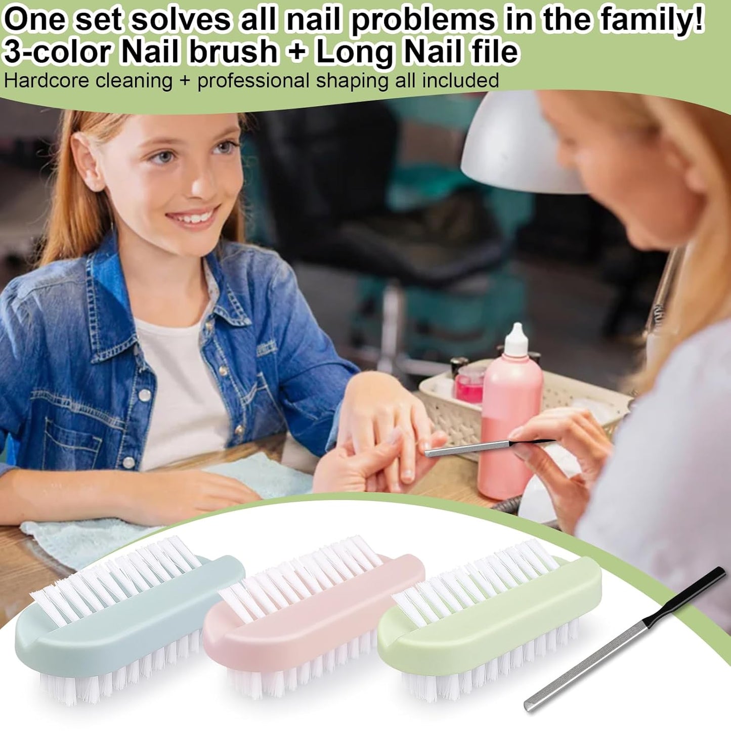 4PCS Nail Brush Long Toe Nail File Set - 3Pcs Two Sided Nail Scrubber Brushes for Cleaning Fingernails and 1Pcs Stainless Steel Long Toe Nail File for Thick Nails, Efficient Nail Care Tool