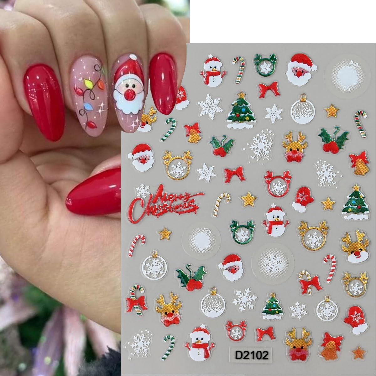 6 Sheets Christmas Nail Stickers, Christmas Tree Bell Snowflake Nail Art Stickers 3D Self-Adhesive Nail Art Supplies Santa Claus Elk Design Winter Xmas Nail Decals for Women DIY Holiday Manicure Decor