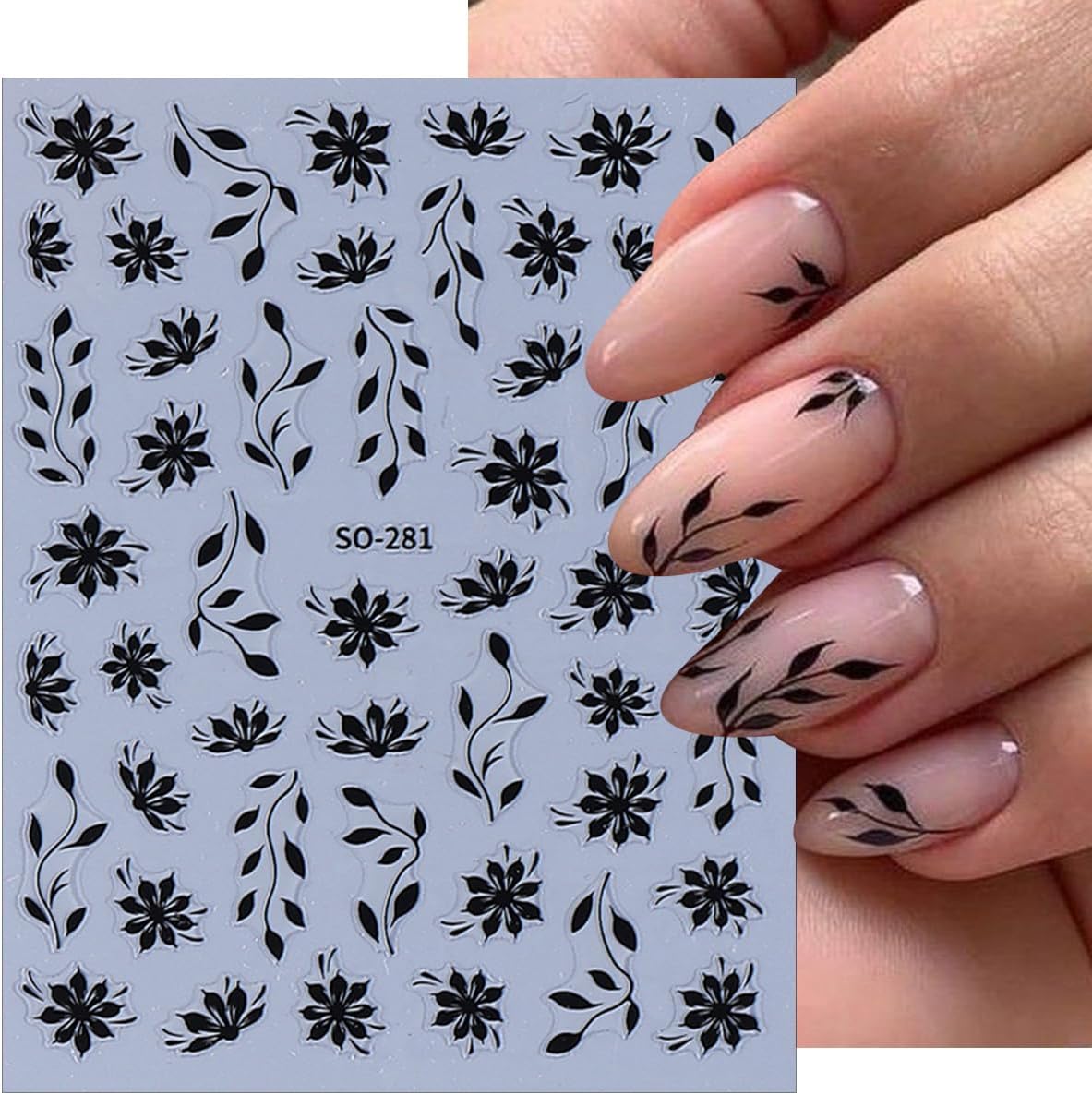6 Sheets Floral Nail Art Stickers, Spring Leaf Nail Decals, 3D Self-Adhesive Nail Decoration Supplies for Daily Festival DIY Pink White Silver Black Gold Manicure Stickers