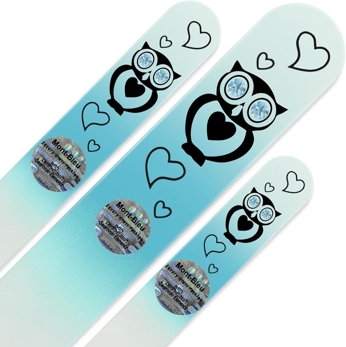 Mont Bleu Set of 3 Owls Crystal Nail Files hand decorated with crystals - Handmade - Czech Tempered Glass