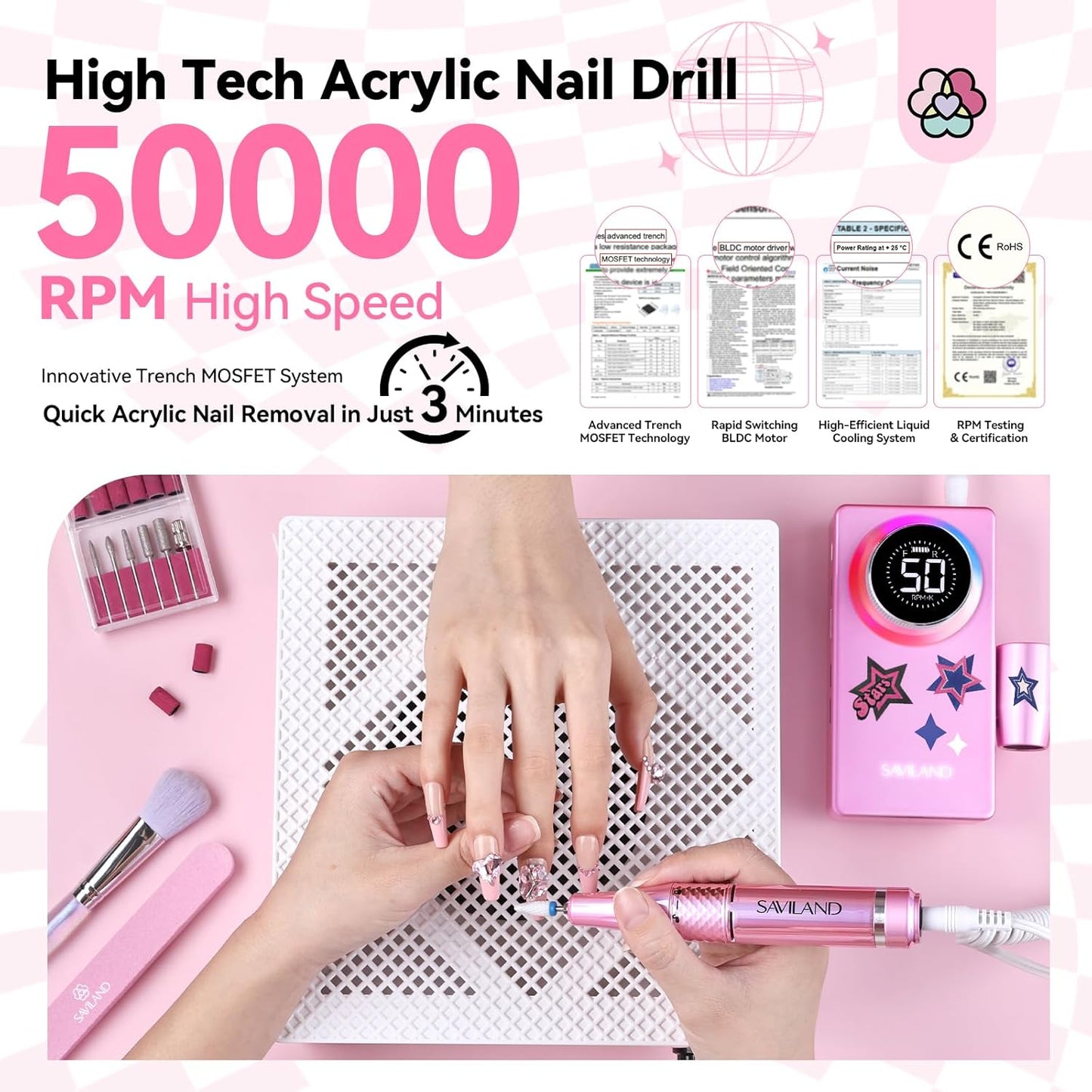 SAVILAND 50000RPM Professional Nail Drill: Rechargeable Electric Nail File 6000mAh Battery Nail Filer Electric for Manicure Pedicure Shaping & Acrylic Removal Salon Use Drill para Uñas Profesional