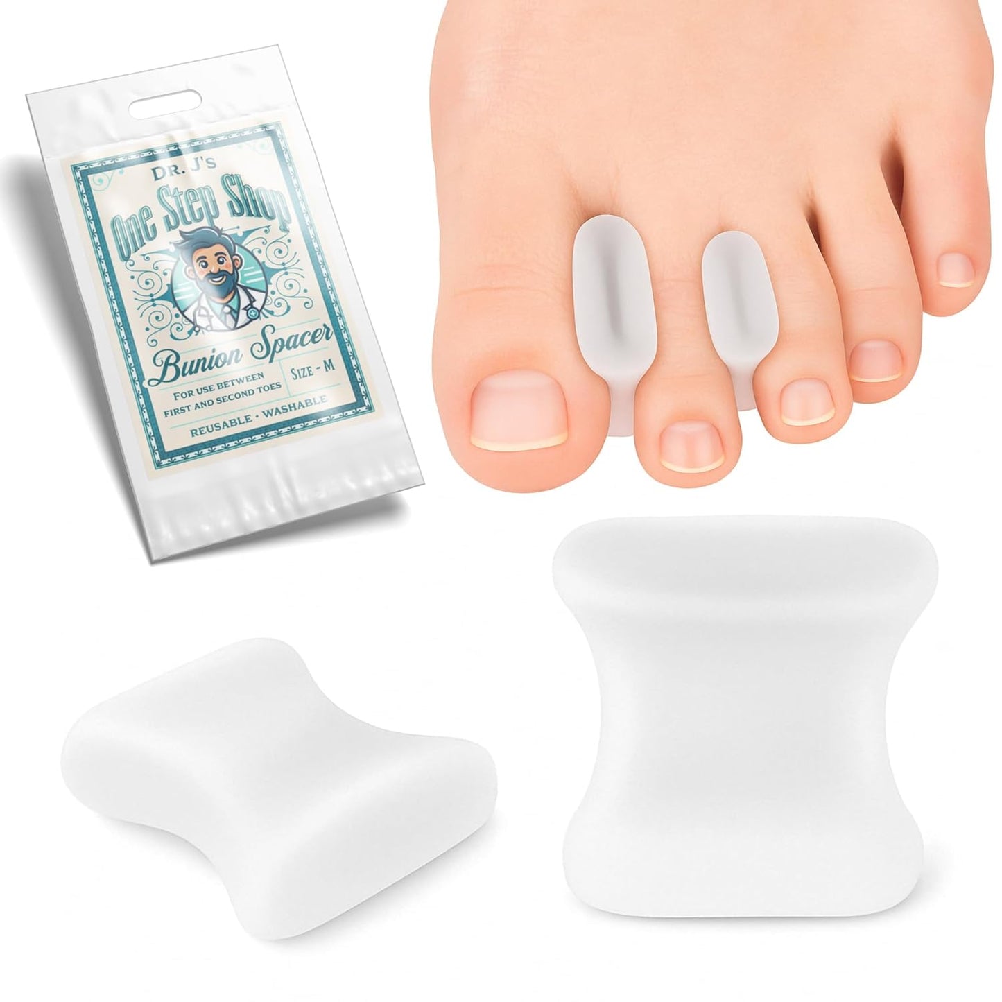 Dr. J's One Step Shop Bunion Relief Separators – Podiatrist Recommended Silicone Spacers for All Foot Types– 8-Pack First Interspace Aligners for Overlapping Toes, Calluses, Hammertoes and Corns