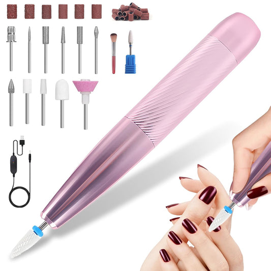 Portable Electric Nail Drill Machine Professional Kit, 23000 RPM Adjustable Speed, Nail Grinder Manicure Tool for Home Salon with Drill Bits Sanding Bands for Acrylic Gel Nails Pink