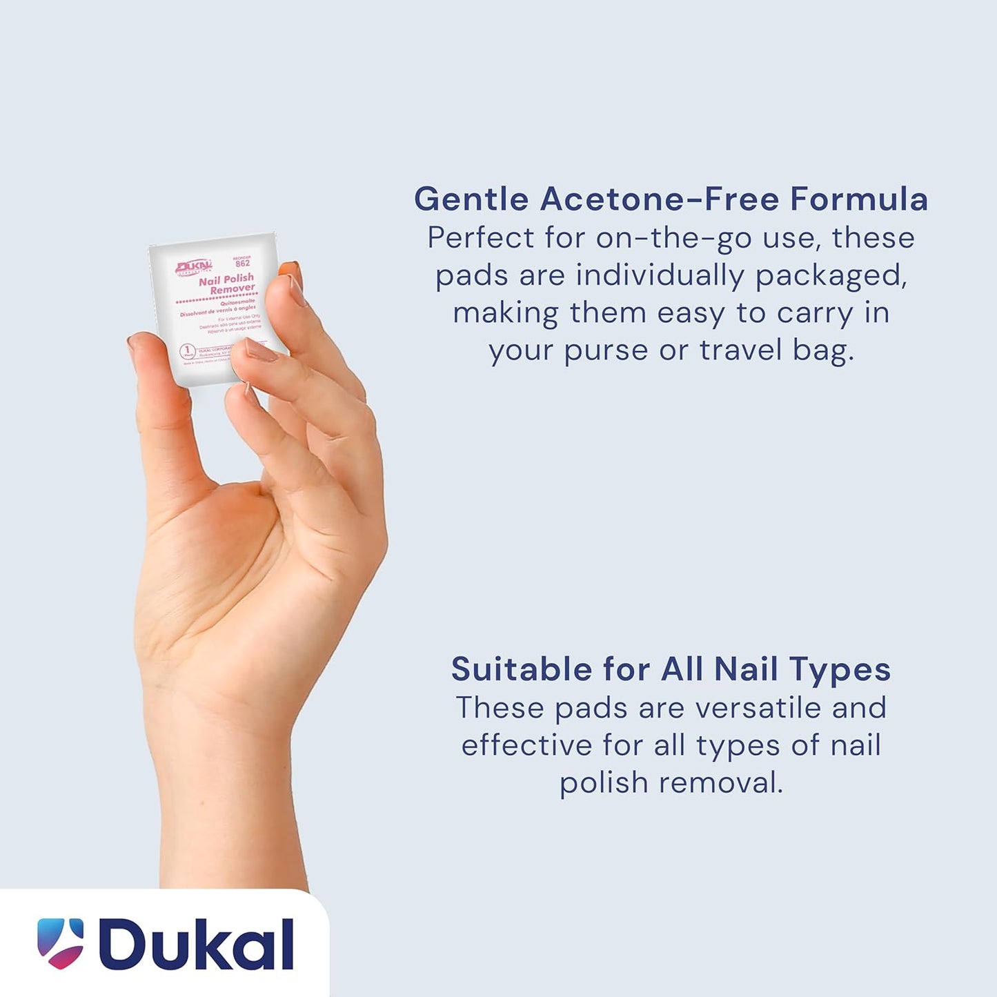 Dukal Nail Polish Remover Pads. Pack of 100 Acetone Free Remover Wipes. 2-ply Saturated Pads. Cleansing Pads. Nail Wipes. Nail Gel Remover Pads. Individually Packaged, 862