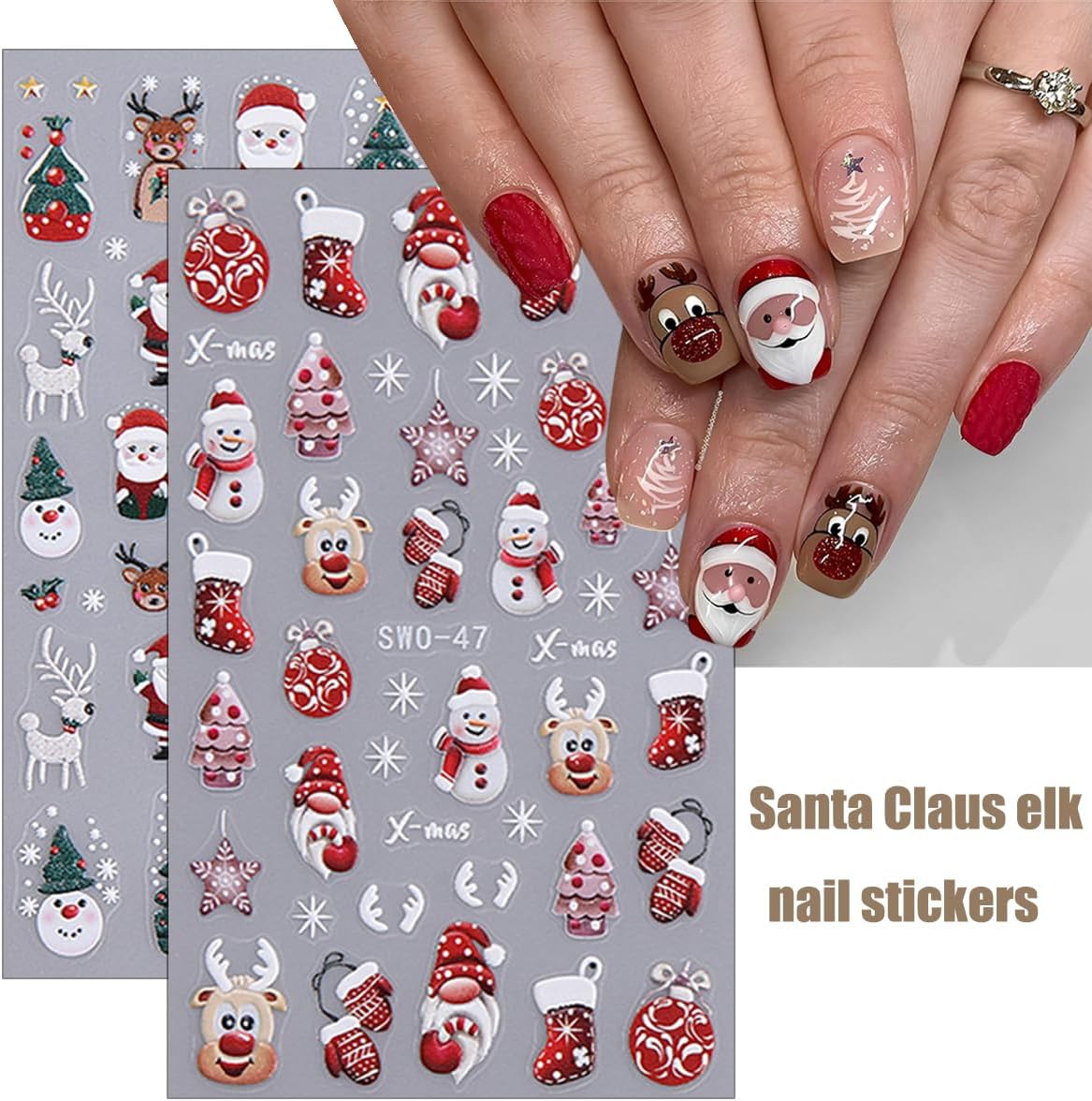 Xmas Nail Art Stickers Decals 5D Embossed Santa Claus Snowman Gingerbread Man Christmas Tree Snowflakes Elk Pattern Nail Decals Cute Nail Stickers for DIY Christmas Party Nail Designs 4 Sheets