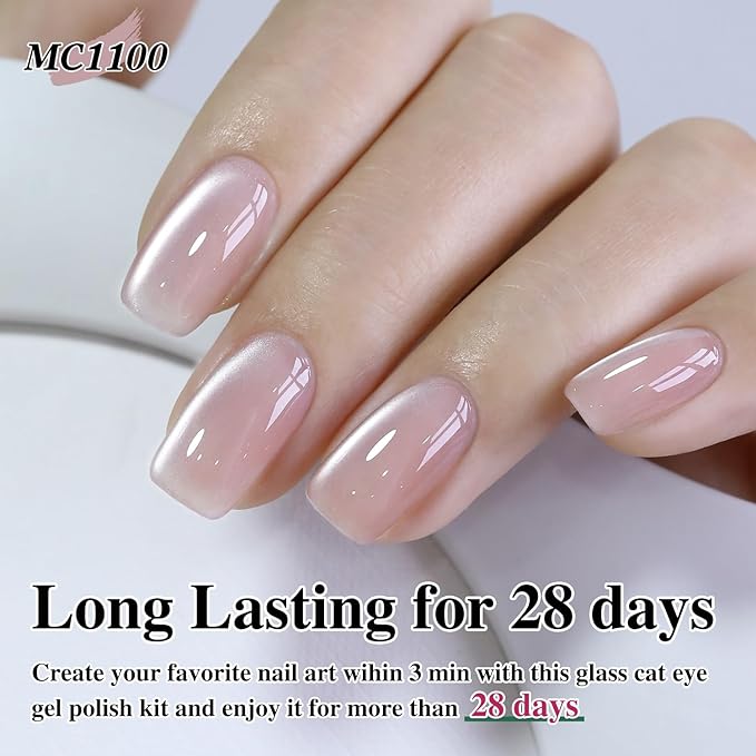 Double Rhythm Cat Eye Gel Polish Set 6 Colors Shimmer Glitter with Magnet Holographic Reflective Magnetic UV Gel Polish Art Kit (Glass Jelly Nude Pink 6-Kit 35)