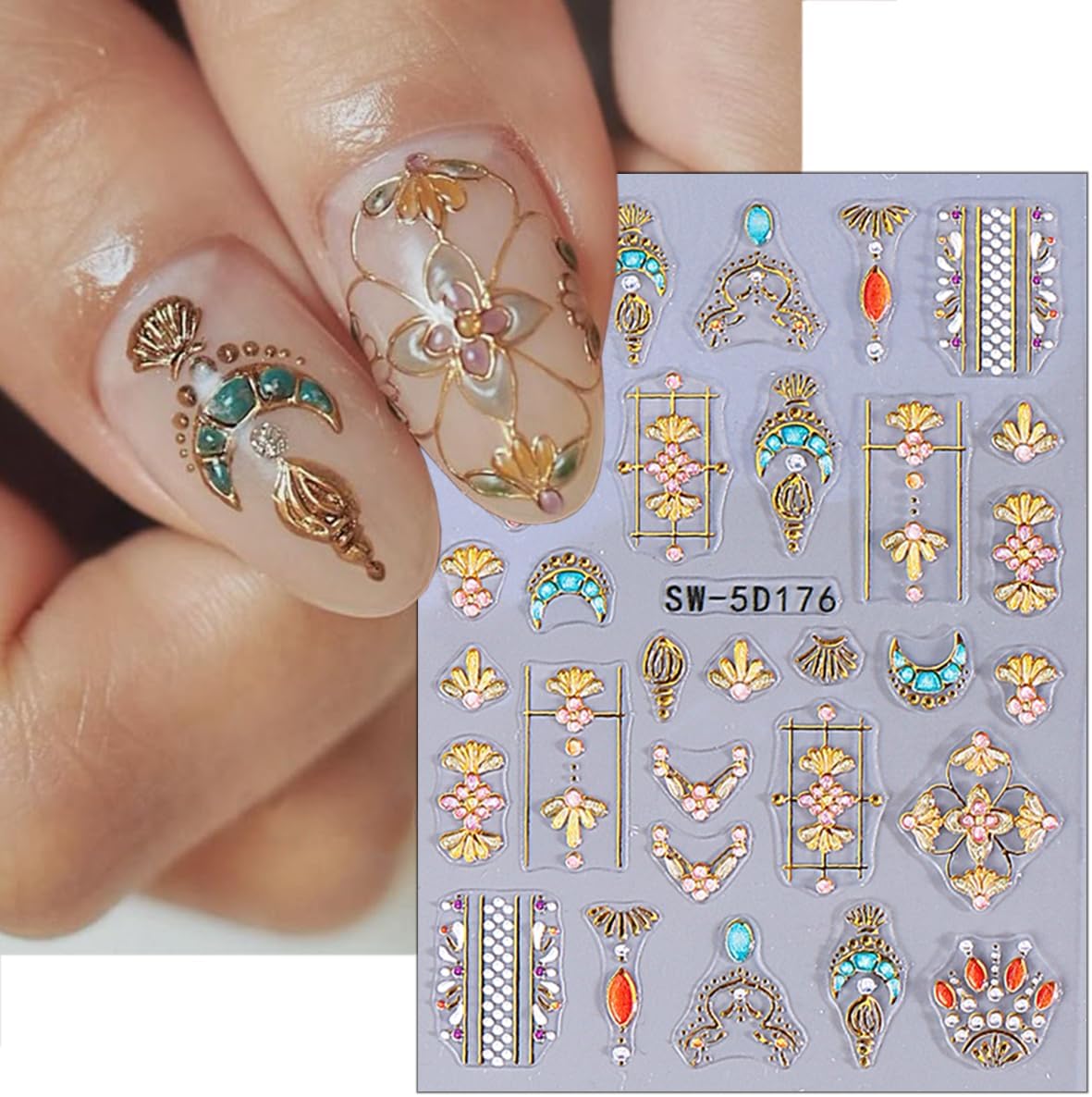 2 Sheets Bohemian Style Nail Decals Embossed Star Nail Art Stickers 5D Self-Adhesive Sun Moon Nail Stickers Bohemia Nail Designs Decals Stars Nail Decoration for Women Girls Nail Art Supplies