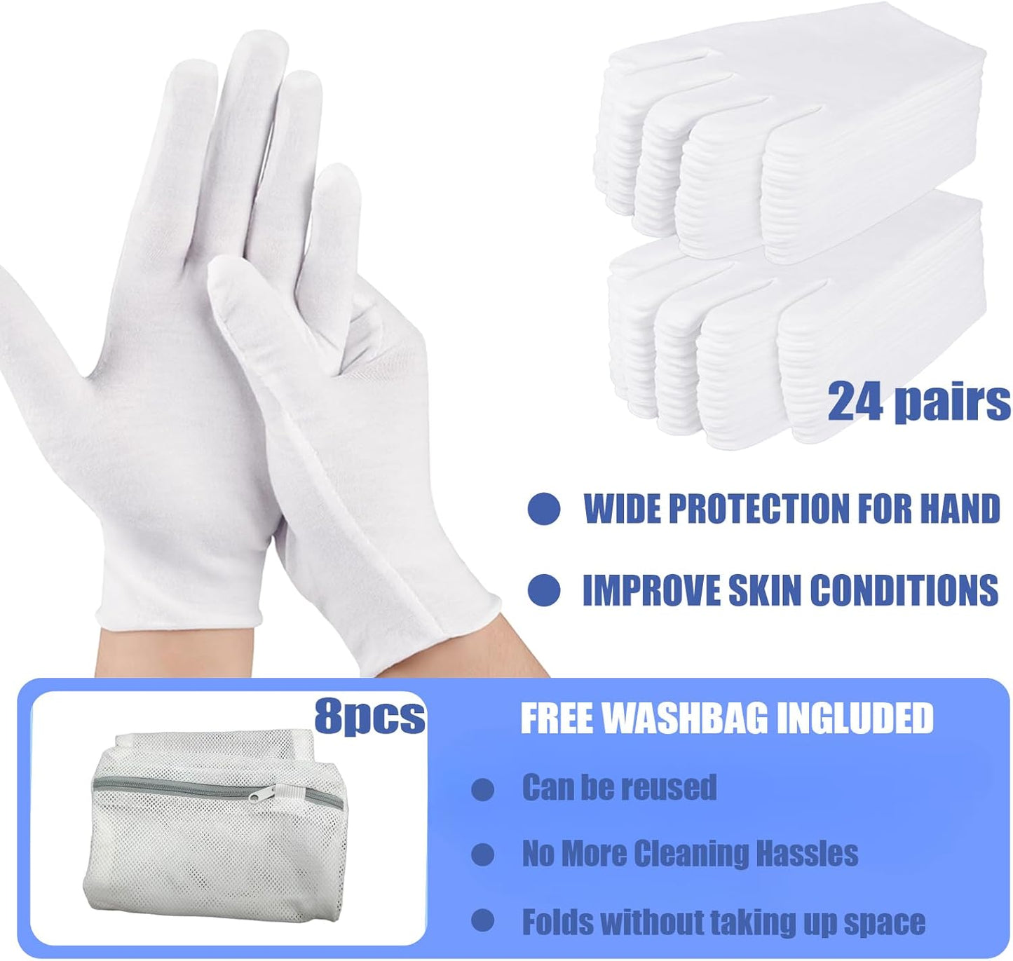 24 Pairs of White Cotton Gloves, Suitable for Both Men and Women, Breathable and moisturizing Gloves, Used to Relieve Hand Dryness and Eczema, Suitable for SPA Care, Cosmetics, and Jewelry