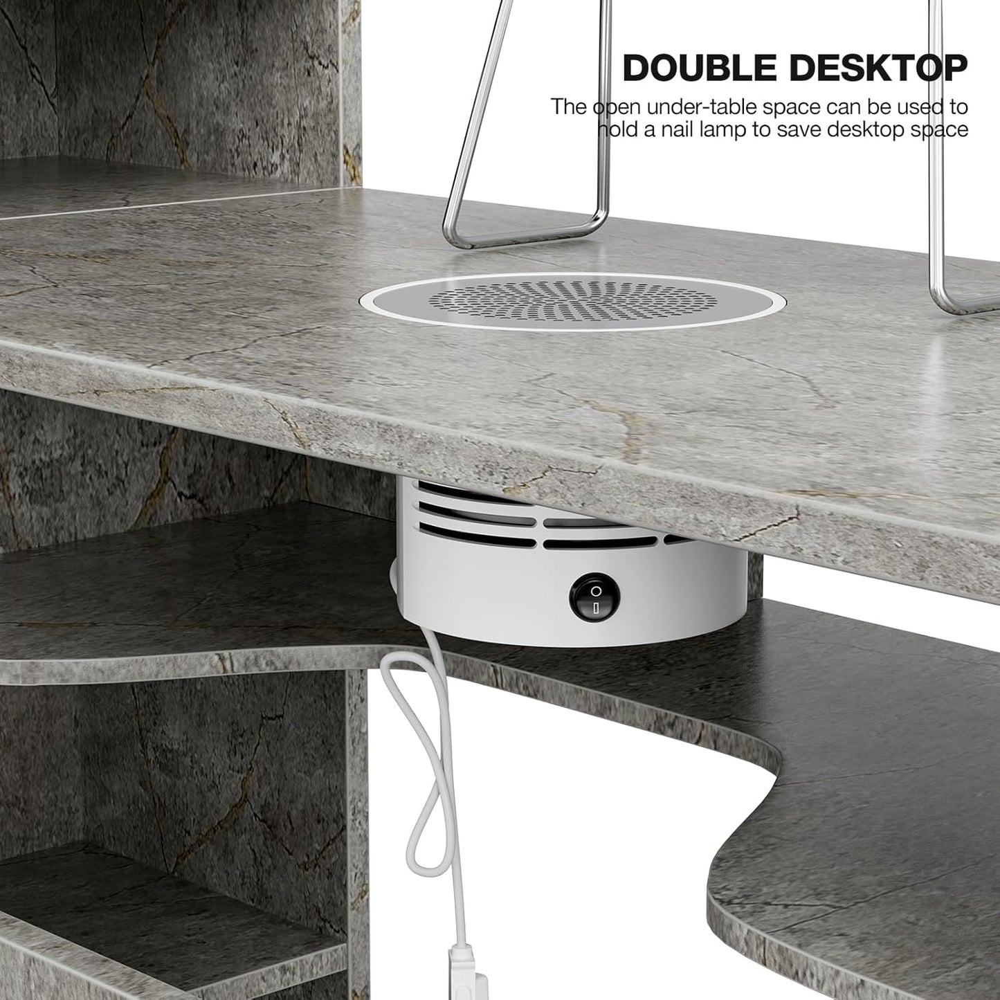 Manicure Table with Shelves, L-Shaped Nail Table Station Marbling Texture w/Electric Downdraft Vent, Foldable Nail Arm Rest, Storage Cabinets, Drawers, Metal Handles & Legs for Nail Tech(Grey)
