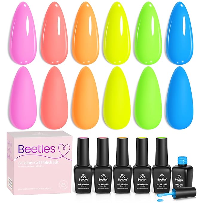 Beetles Halloween Gel Nail Polish Set, Bright Rainbow Collection 6 Colors Hot Pink Blue Yellow Green Soak Off UV LED Neon Gel Nail Polish Kit Gift for Women