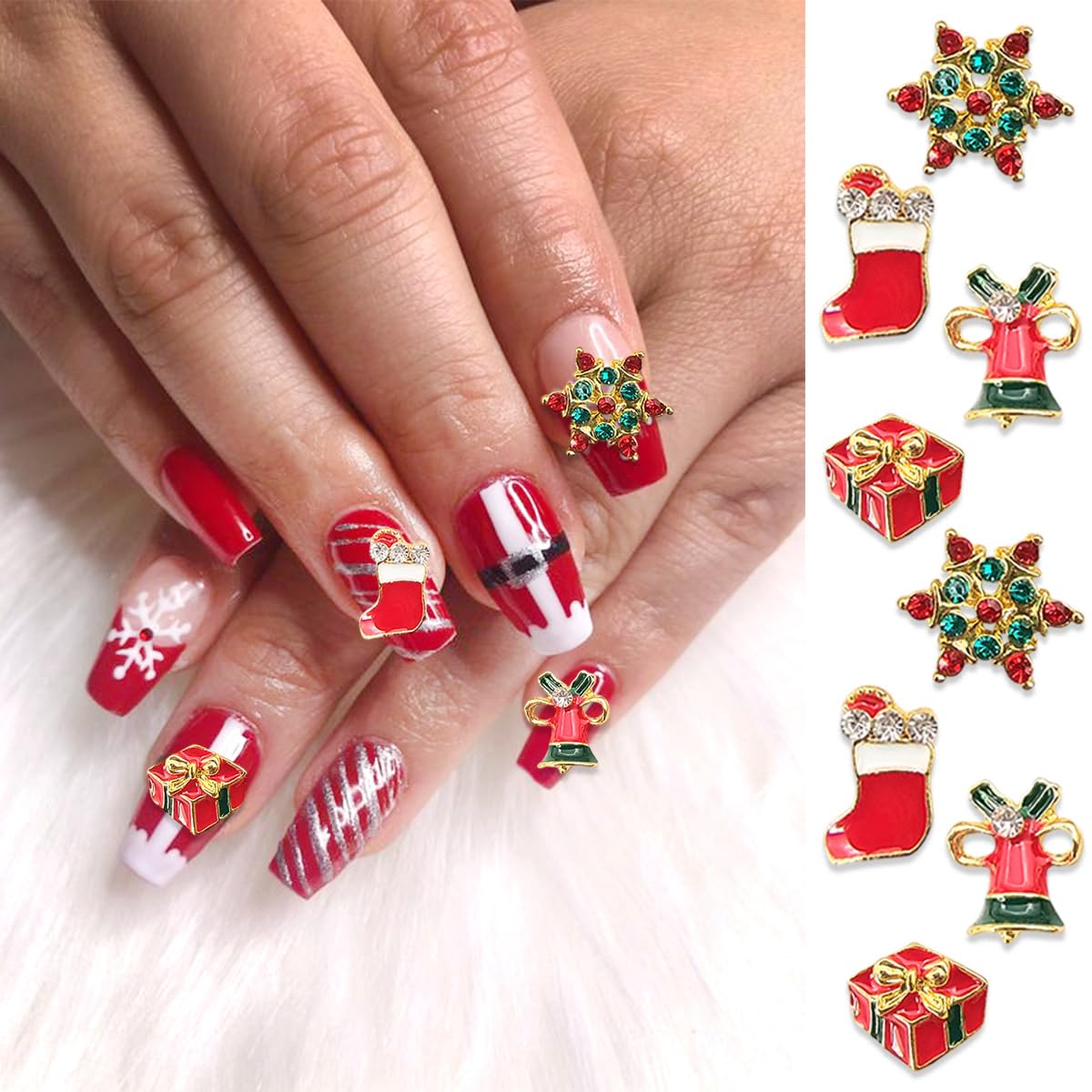 12 Pcs Colorful Christmas Nail Charms Glitter 3D Alloy Snowman Snowflake Reindeer Bell Nail Art Charms Metal Diamonds Nail Rhinestones Crystals Nail Gems Winter Xmas Gift Nail Supplies for Women DIY