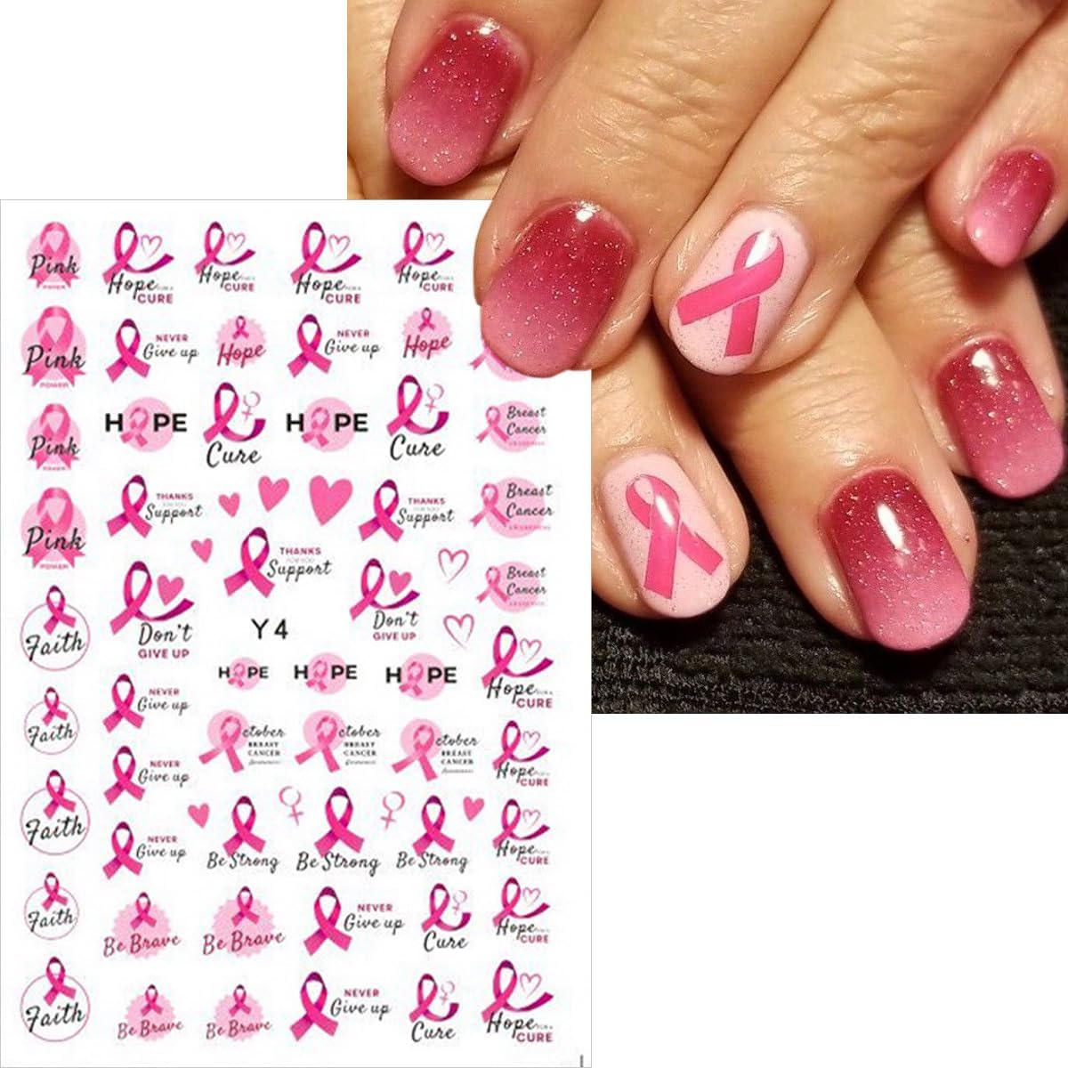 6 Sheets Breast Cancer Nail Art Stickers 3D Heart Pink Ribbon Breast Cancer Awareness Nail Decals Self-Adhesive Design Nail Art Supplies Stitch Nail Stickers for Women DIY Acrylic Manicure Tips Nail