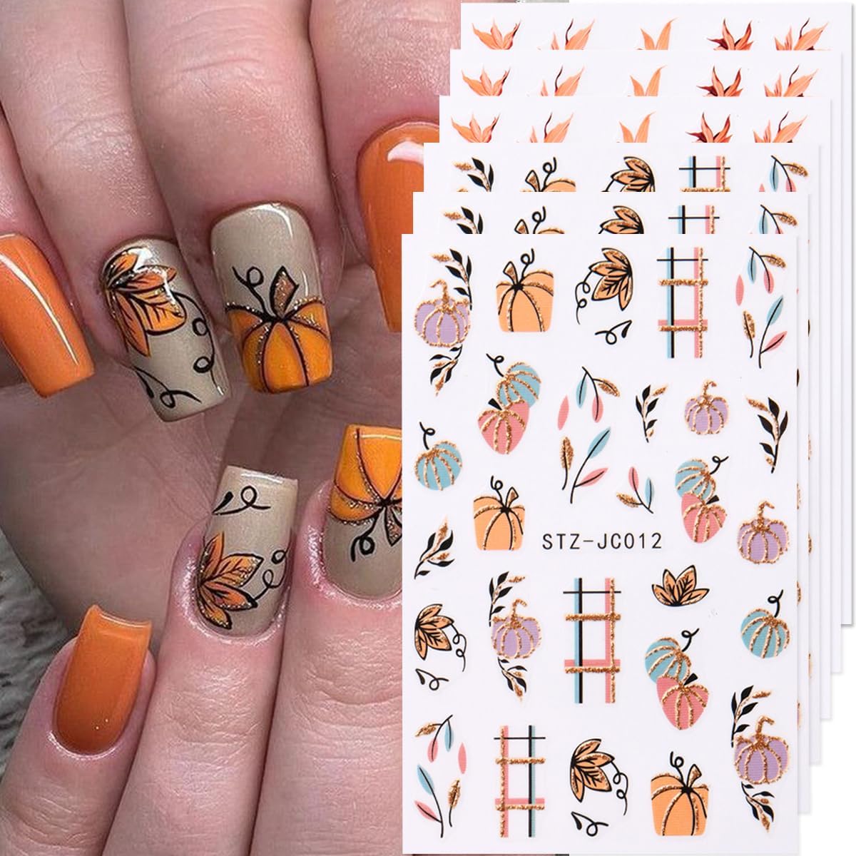 Fall Pumpkin Nail Art Stickers Decals 3D Maple Leaf Thanksgiving Day Nail Stickers Nail Art Supplies 6PCS Autumn Maple Leaves Nails Adhesive Decals Manicure Sliders for Women DIY Nail Decorations