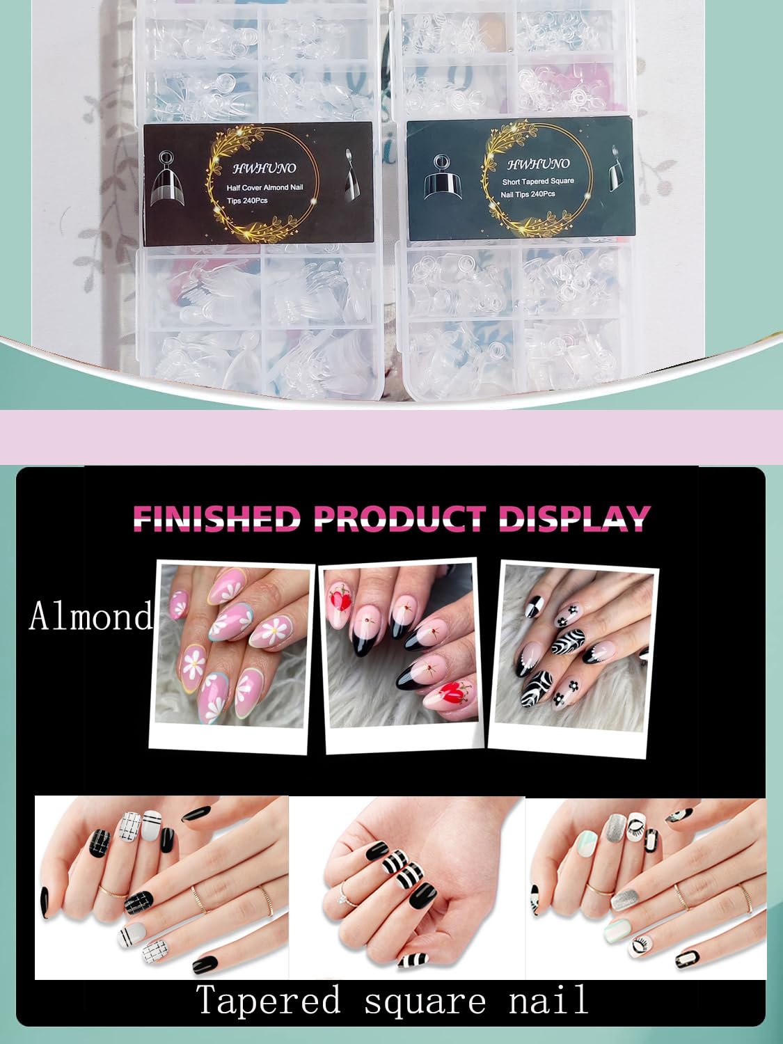 480Pcs Extra Short Half Cover Almond &Tapered Square Nail Tips Gel x Clear Set,2 Shape Pre Shape XXS for Manicure Art Home DIY Salon 12Sizes