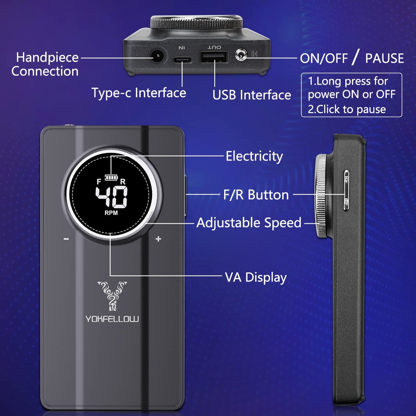 Yokefellow Nail Drill Machine, 40000 RPM Rechargeable & Desktop Portable Engraving Drill for Glass Engraving Pen Tools Grey