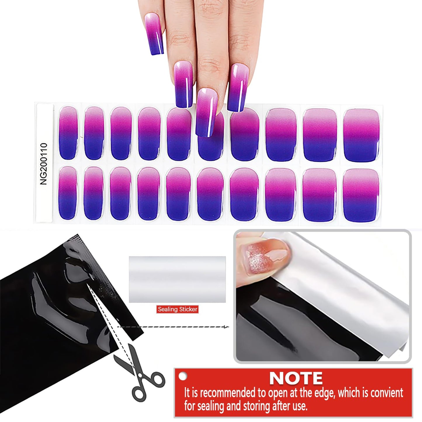 WOKOTO 20 Pcs Gradient Purple Semi Cured Gel Nail Strips With Nail File & Wooden Stick, Semi Cured Gel Nail Wraps Stickers, UV Light Gel Nail Polish Strips Stick On Real Nail Polish Stickers Kit