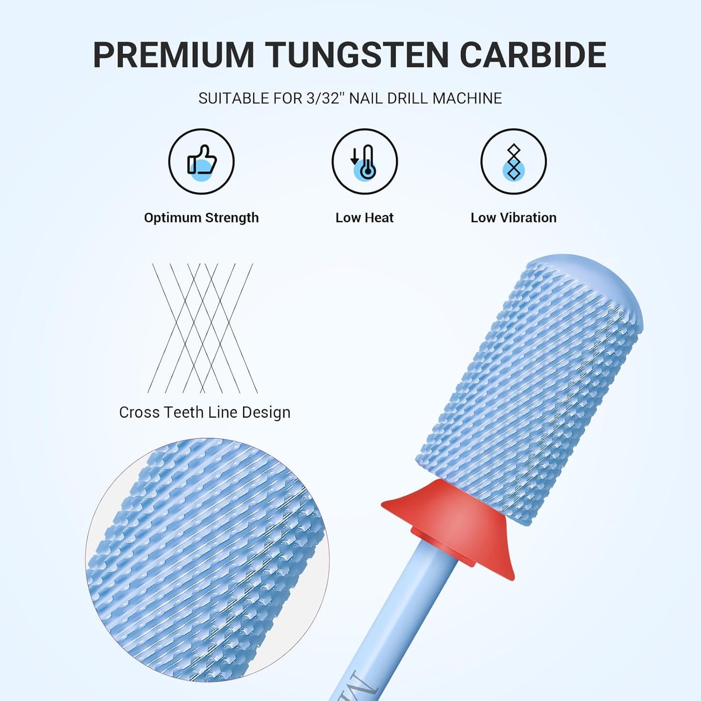 MelodySusie Safety Nail Drill Bits, 3/32'' Smooth Round Top Large Barrel Carbide Bits, Suitable for Manicure Pedicure Cuticle Gel Polishing, Beginners Bits, Light Blue, Series Bit-S, F