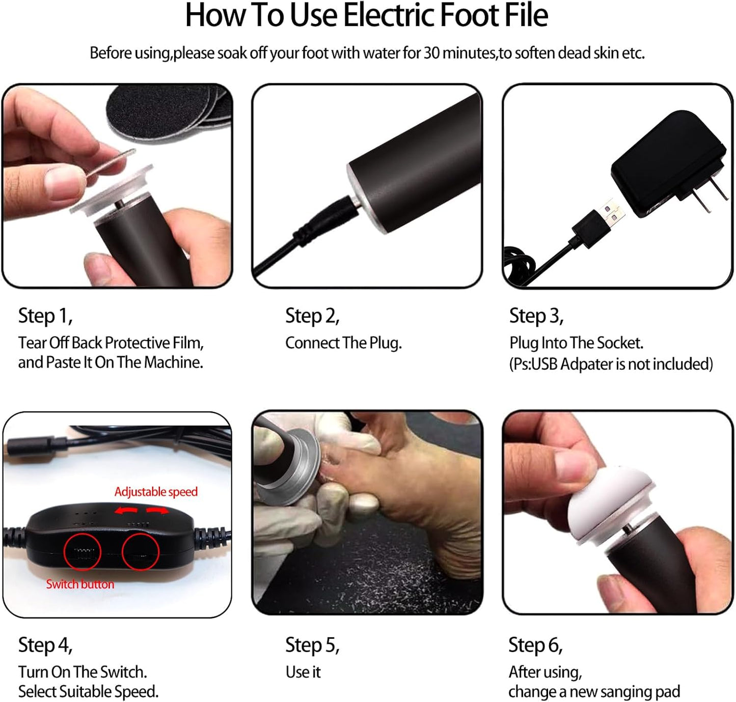 Electric Callus Remover, ELEVEN EVER Foot File Pedicure Tool(Speed Adjustable) with Recyclable Glass Grinder and 20pcs Replacement Sandpaper Disk for Men Women Dead Dry Crack Skin Calluses Black