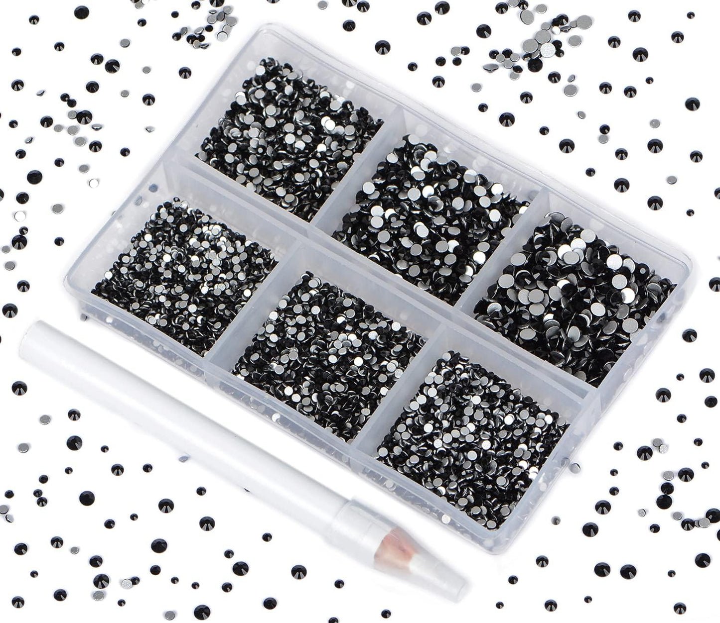 Bymitel 7200 Pieces 6 Mixed Sizes Glue Fix on Glass Rhinestones Round Crystal Gems Flatback for DIY Jewelry Making with one Picking Pen(Mix: SS3-SS10/7200PCS, Black)