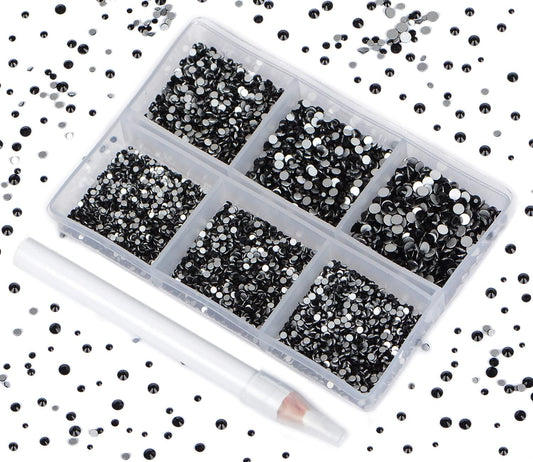 Bymitel 7200 Pieces 6 Mixed Sizes Glue Fix on Glass Rhinestones Round Crystal Gems Flatback for DIY Jewelry Making with one Picking Pen(Mix: SS3-SS10/7200PCS, Black)