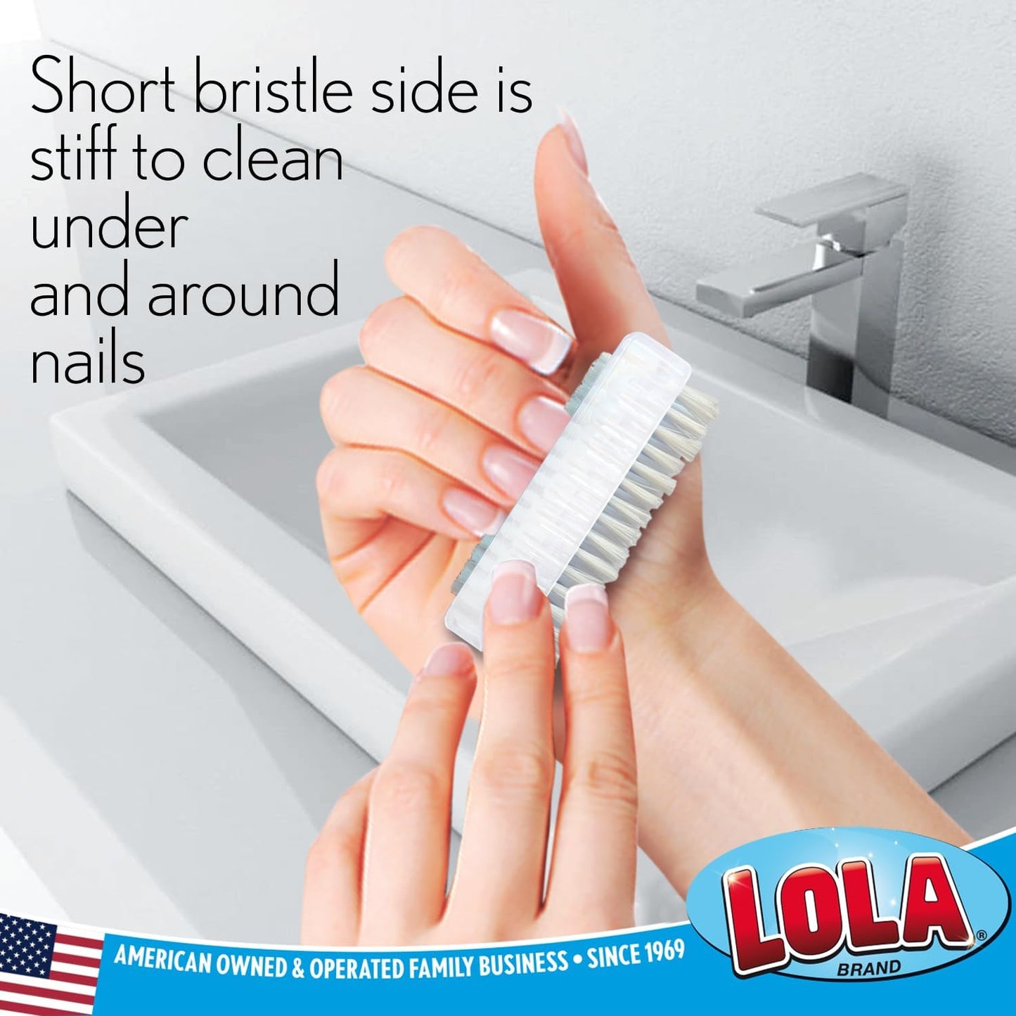LOLA Classic Hand & Nail Brush, 2 Sided - 3 Pack, Soft & Stiff, Long-Lasting, Comfortable No-Slip Grip, Cleans Hands & Fingernails, White