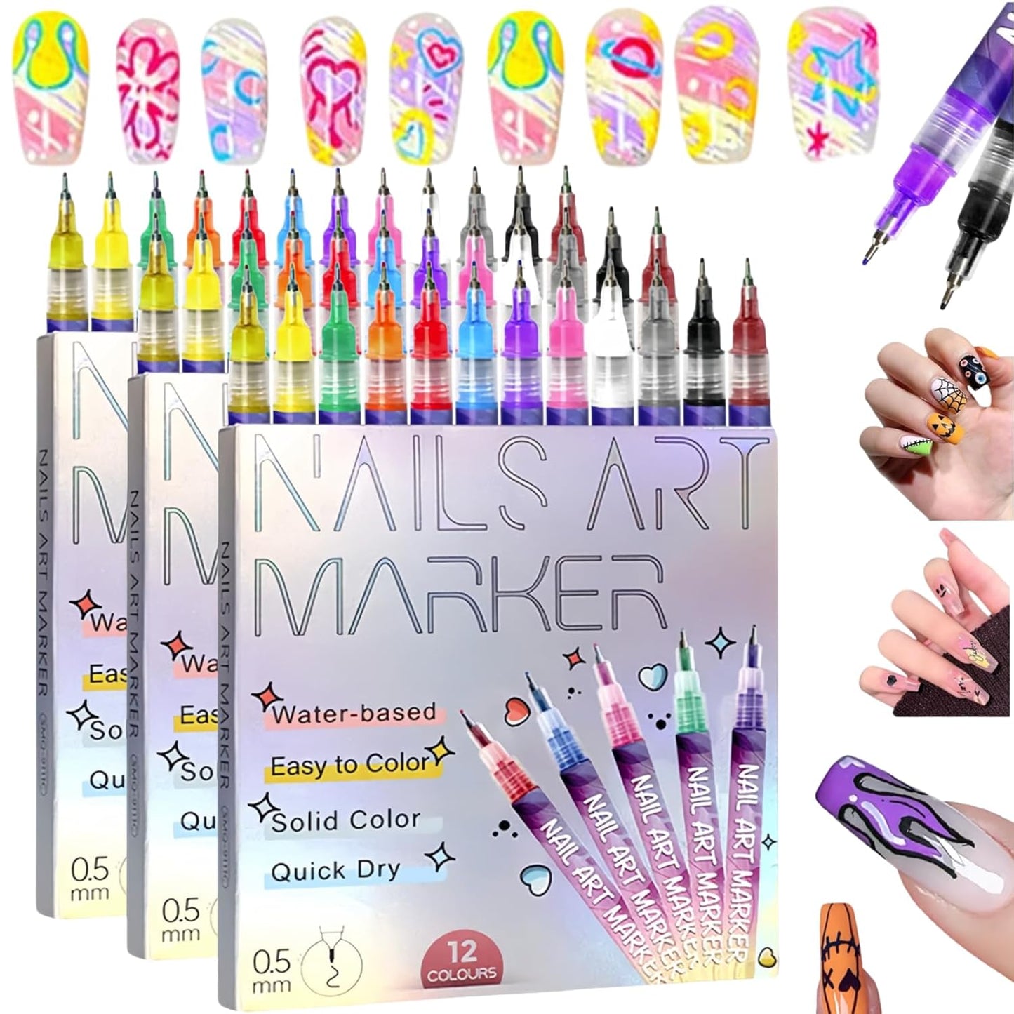 12 Colors Nail Art Pens Set,Upgraded Nail Art Markers for Art Design Acrylic Paint Marker,3D Polish Pencil for Gel Nails,Quick Drying Waterproof DIY Pen for Home & Salon Manicure Tools (36 Pcs)