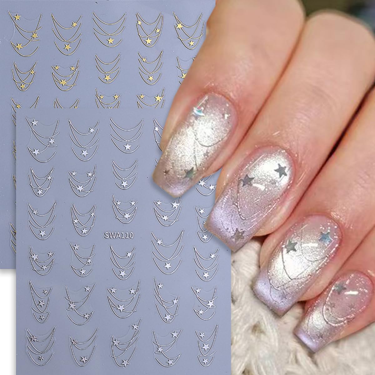 2 Sheets Star Nail Decals with Line Design, Gold Silver Star Nail Design Stickers, 3D Self-Adhesive Nail Stickers for Women DIY Daily Manicure Decoration Supplies Acrylic Nails Decoration